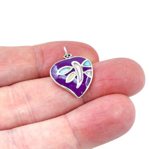 Vintage Sterling Silver 925 Dyed Mother Of Pearl Purple Enamel Heart Pendant - Picture 1 of 8